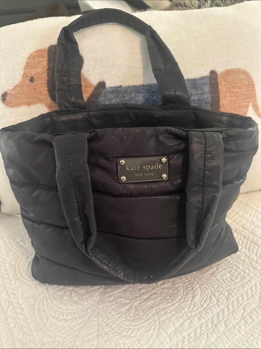 kate spade black quilted puffer tote with logo plaque